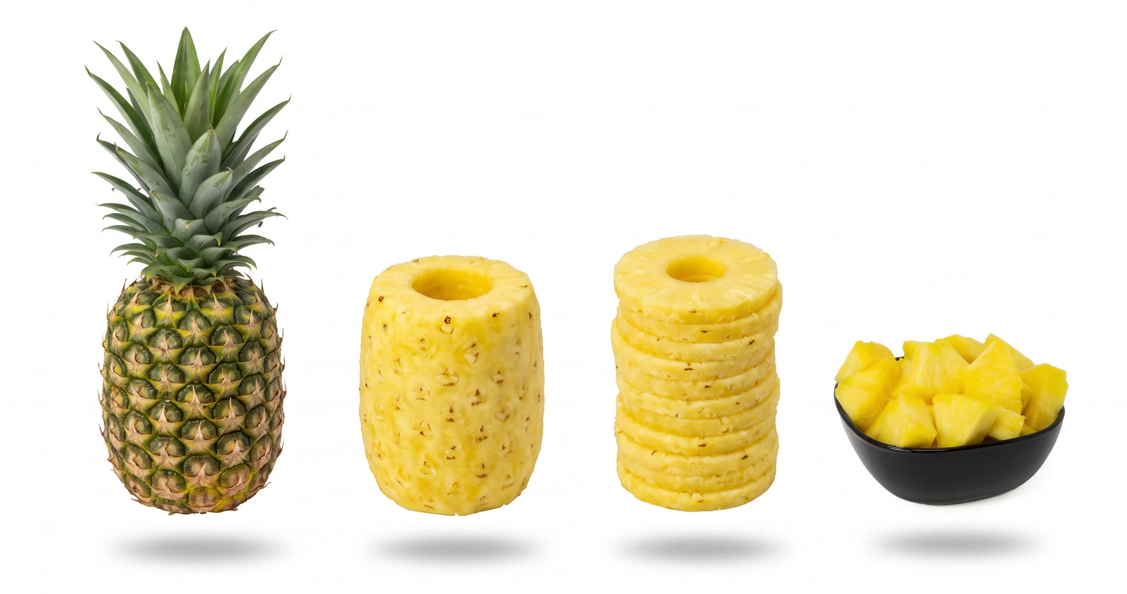 Ananas in vier Stufen: ganz, Zylinder ohne Strunk, Scheiben, Stücke in schwarzer Schale