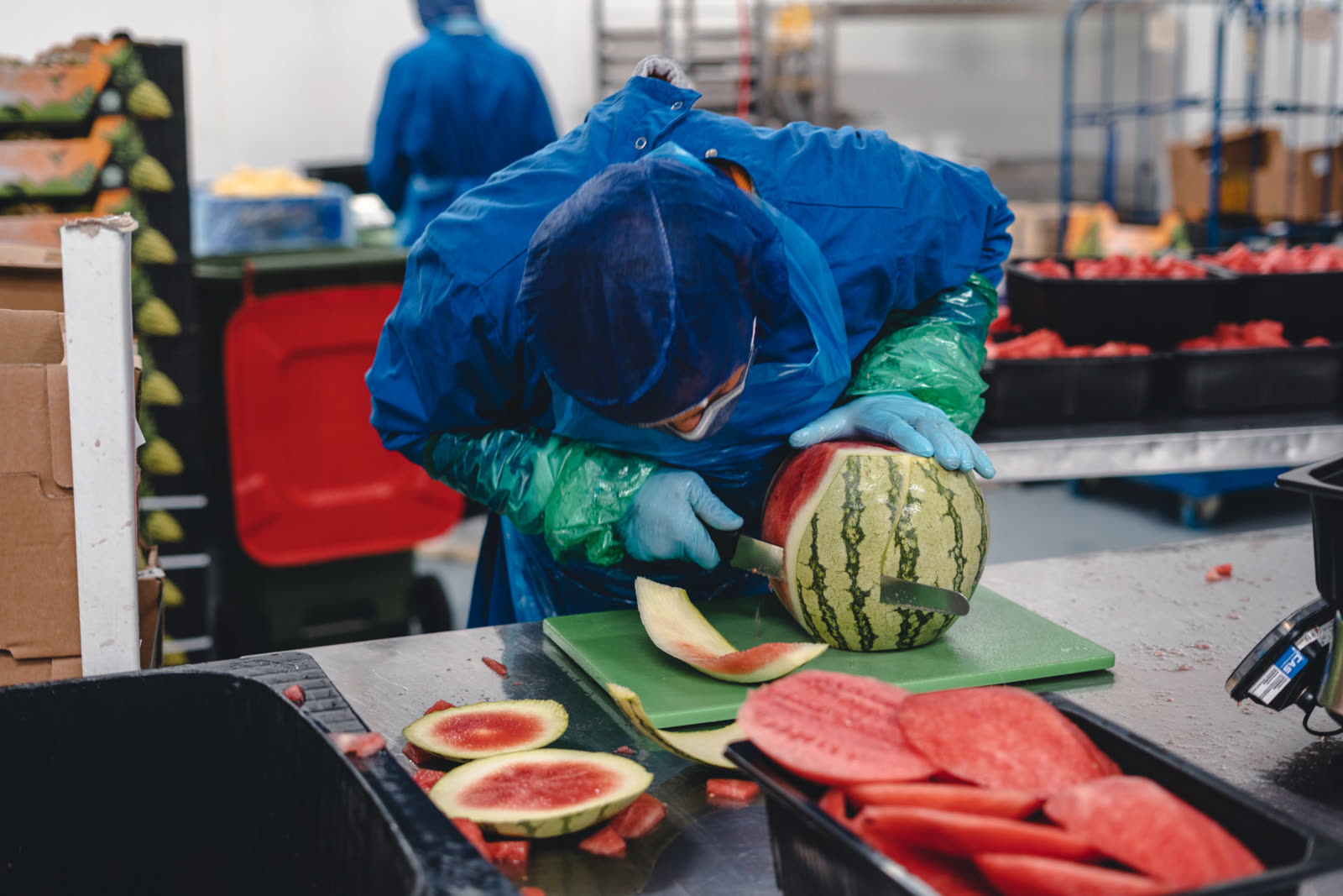 Mitarbeiter schält in der Produktion eine Wassermelone von Hand